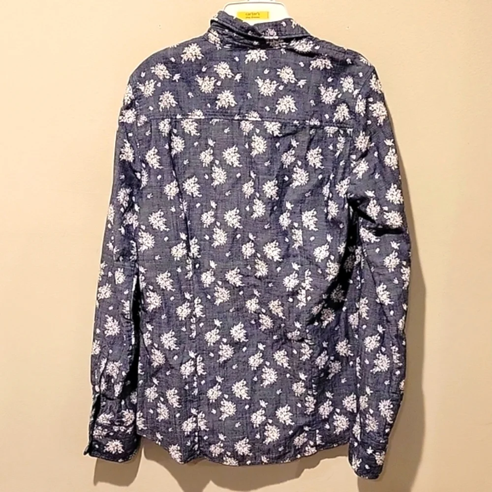 ❤️ J CREW PERFECT FIT CHAMBRAY FLORAL BUTTON DOWN BLUE WHITE COTTON SHIRT, XS
